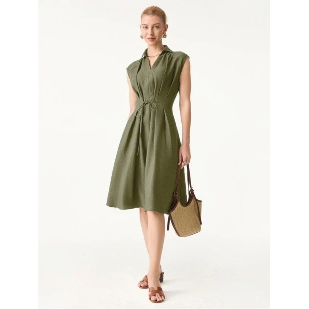 OGL Midi Dress 2XL Collared V-Neck Viscose-Linen Tuck Design Khaki Green Travel•